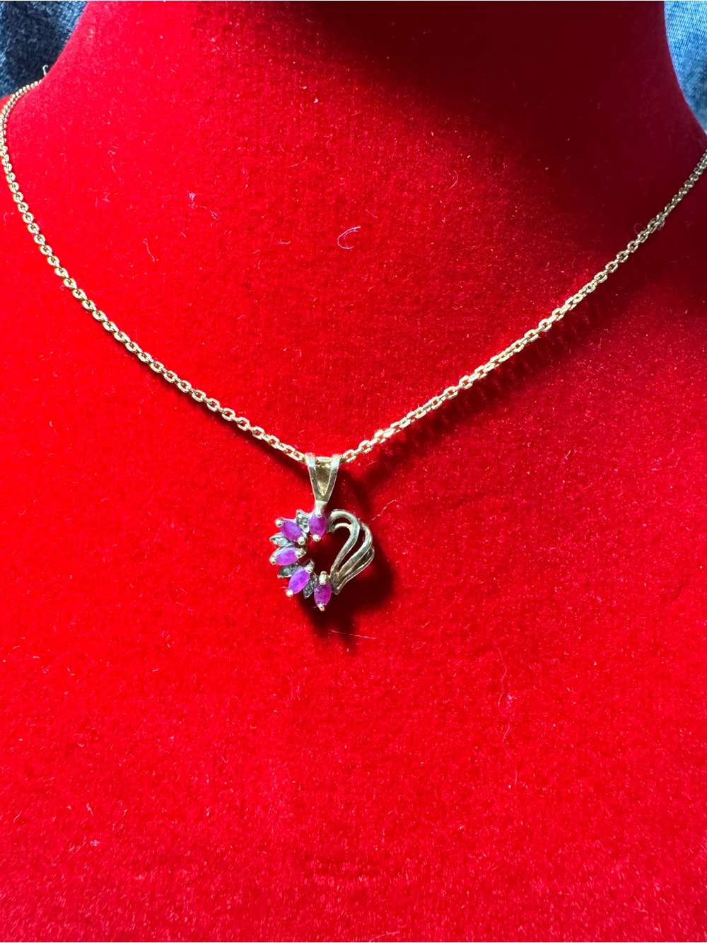 Authentic 14K Gold Chain & 10K Ruby Diamond Swirl Pendant Necklace